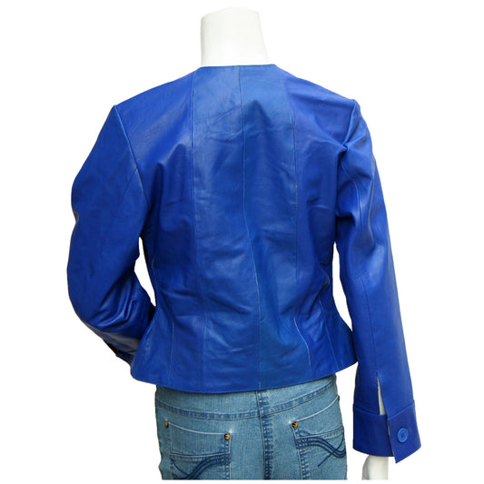 Collarless Womens Blue Leather Jacket - High Quality Leather Jackets For Sale | Dream Jackets On Jackethunt