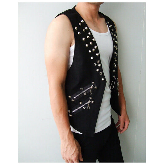Men Slim Fit Punk Leather Vest Rivet Studded Waistcoat For Sale