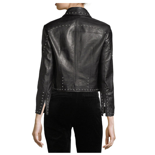 Women Pins Army Leather Zipper Jacket -
