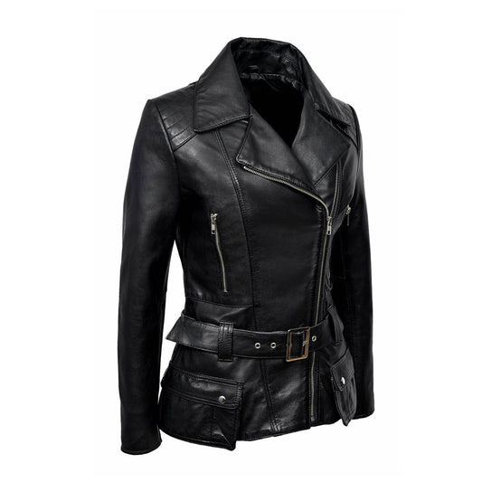 Women Feminine Retro Vintage Biker Leather Jacket -