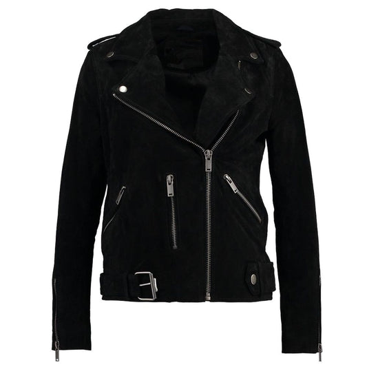 Women Black Suede Leather Motorcycle Jacket -
