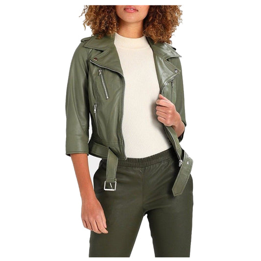 Women Olive Green Motorcycle Genuine Leather Jacket -