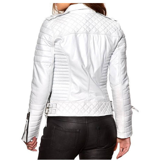 Women Soft Slim Fit Motorcycle Leather Jacket White -