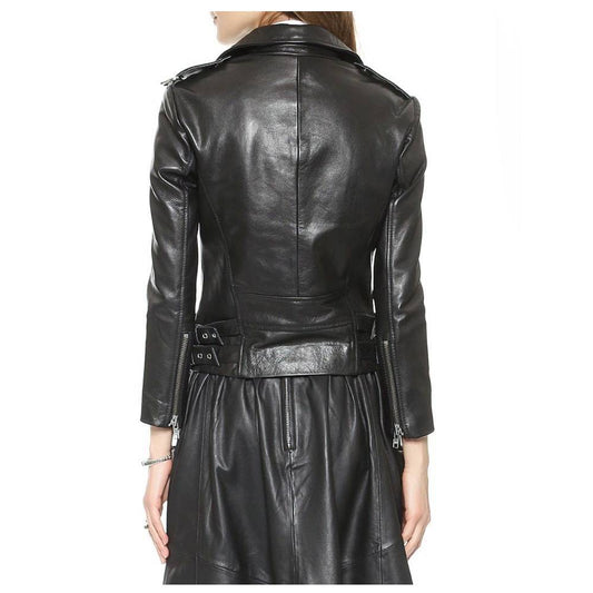 WOMEN GENUINE LAMBSKIN LEATHER BIKER JACKET BLACK ZIPPER BIKER JACKET -
