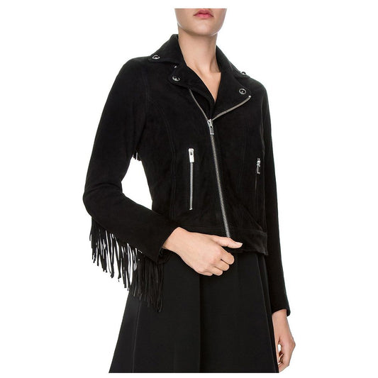WOMEN SUEDE GENUINE LEATHER FRINGE BIKER JACKET -