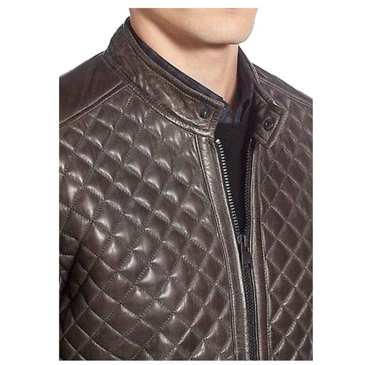 Men Cafe Racer Diamond Bomber Leather Jacket -
