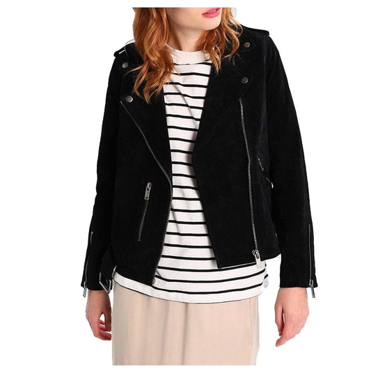 Women Black Suede Leather Motorcycle Jacket -