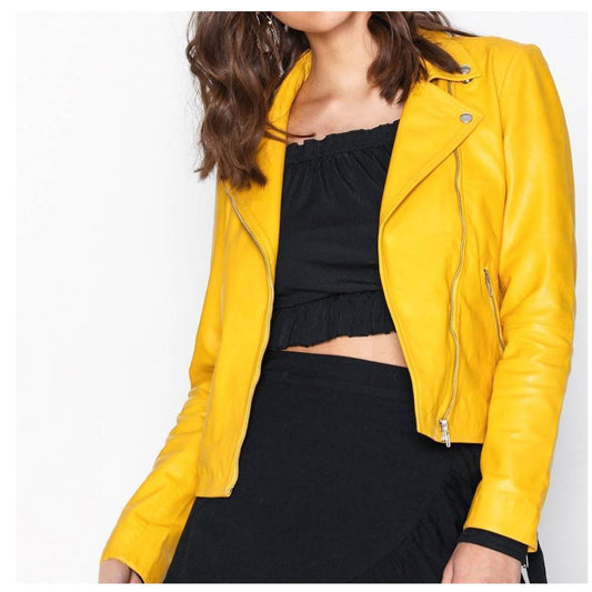 Yellow Retro Women Fashion Leather Jacket -