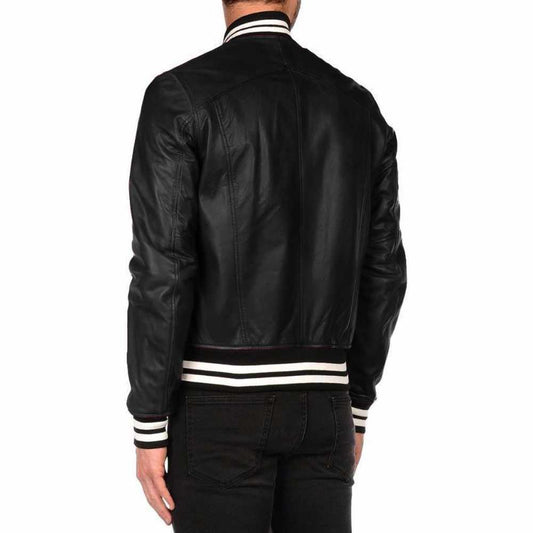 Men Letterman Varsity Bomber Fashion Leather Jacket Black Back