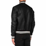 Men Letterman Varsity Bomber Fashion Leather Jacket Black Back