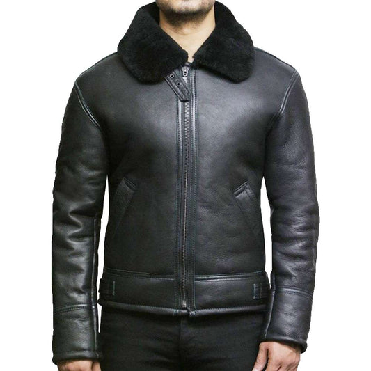 Black Shearling Leather Aviator Jacket Men's | Jacket Hunt