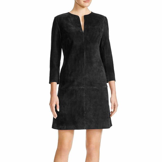 Women Nubuck Leather Mini Party Dress Black