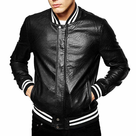 Varsity letterman slim fit black leather jacket, men's stylish sports jacket