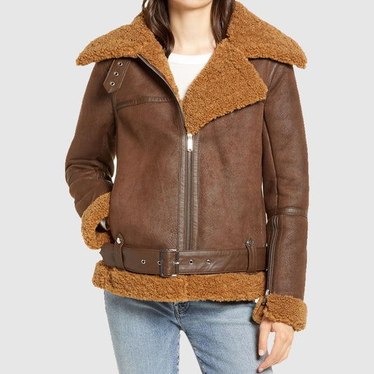 Women B3 Brown Shearling Bomber Leather Jacket | Jacket Hunt