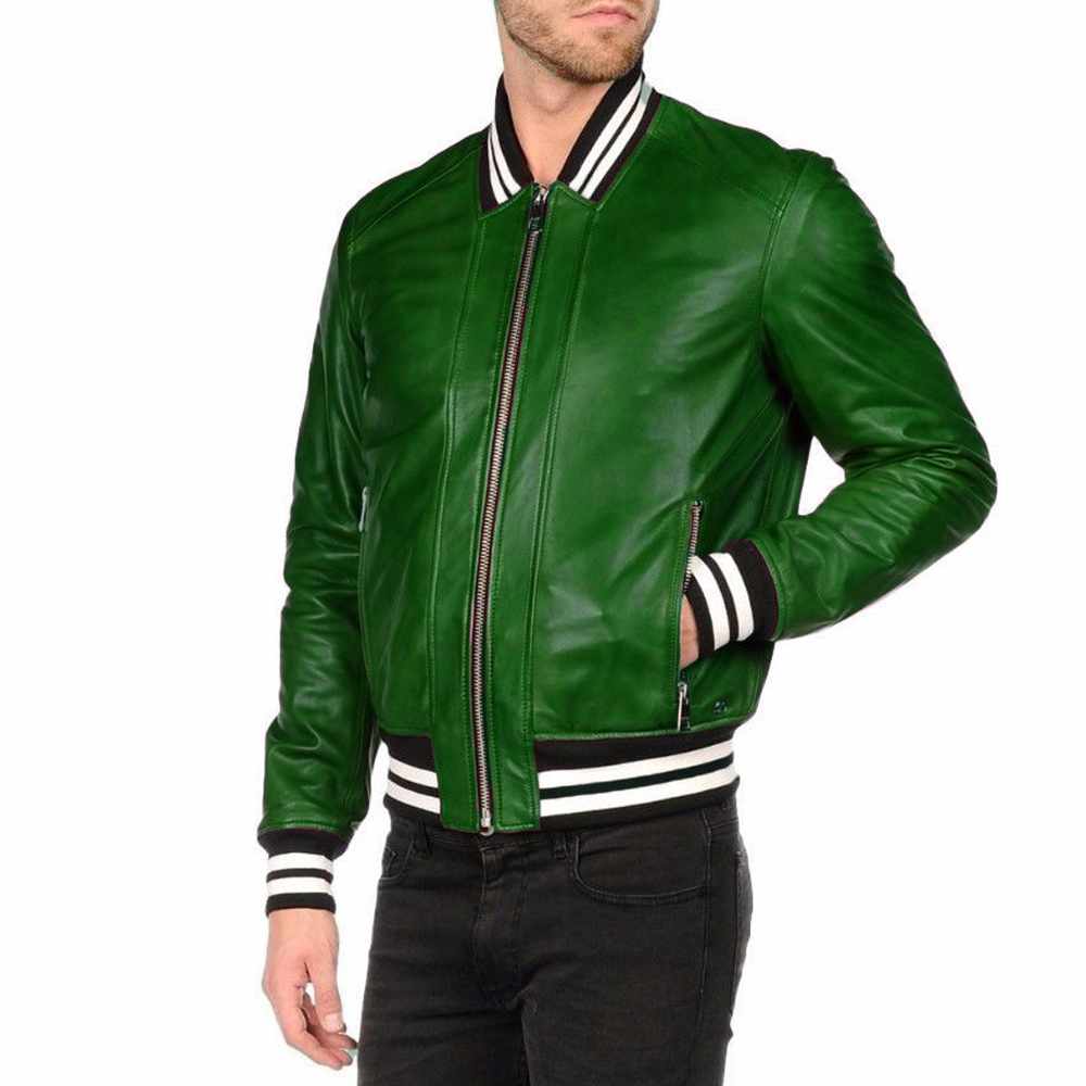Men Letterman Varsity Bomber Fashion Leather Jacket Green