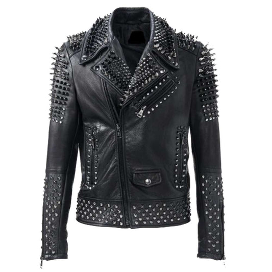 Men Black Silver Studded Brando Biker Jacket - Jacket Hunt