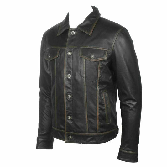 Men Long Sleeve Classic Black Leather Shirt - Jacket Hunt