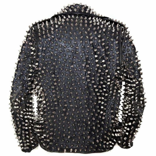 Men Punk Metal Motorcycle Studded Black Leather Jacket  Silver Studs Slim Fit Jacket Mens