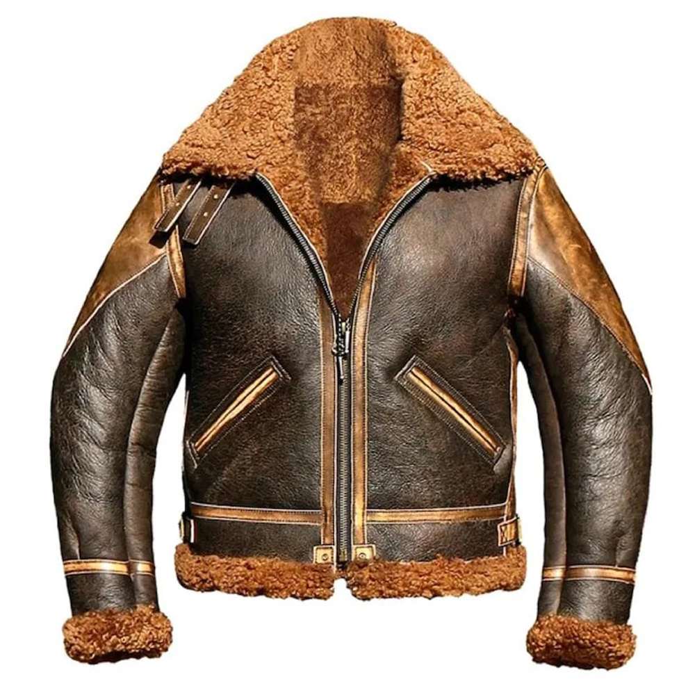Giacca In Pelle Aviator B3 Uomo - Cappotto RAF Shearling Marrone Scuro Con Pelliccia - Foto 2