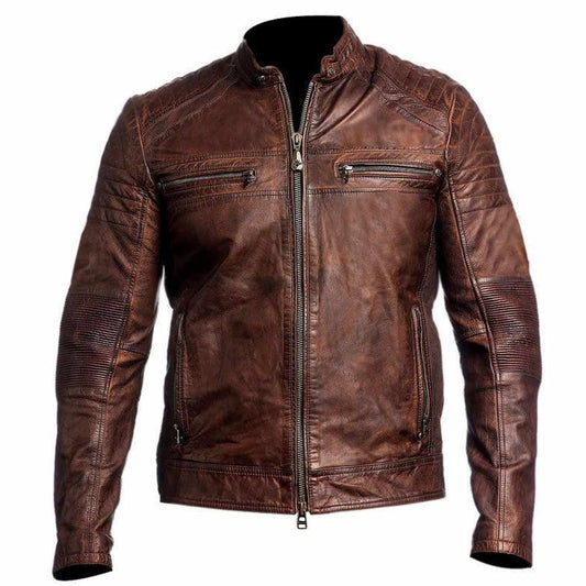 Men's slim fit vintage brown waxed leather motorcycle jacket with padded shoulders and zip details.