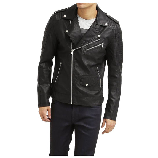 Men's black leather biker jacket featuring quilted shoulders and arms, asymmetrical front zipper, wide lapels, and shoulder epaulets.