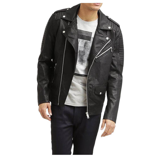 Men's black leather biker jacket featuring quilted shoulders and arms, asymmetrical front zipper, wide lapels, and shoulder epaulets.