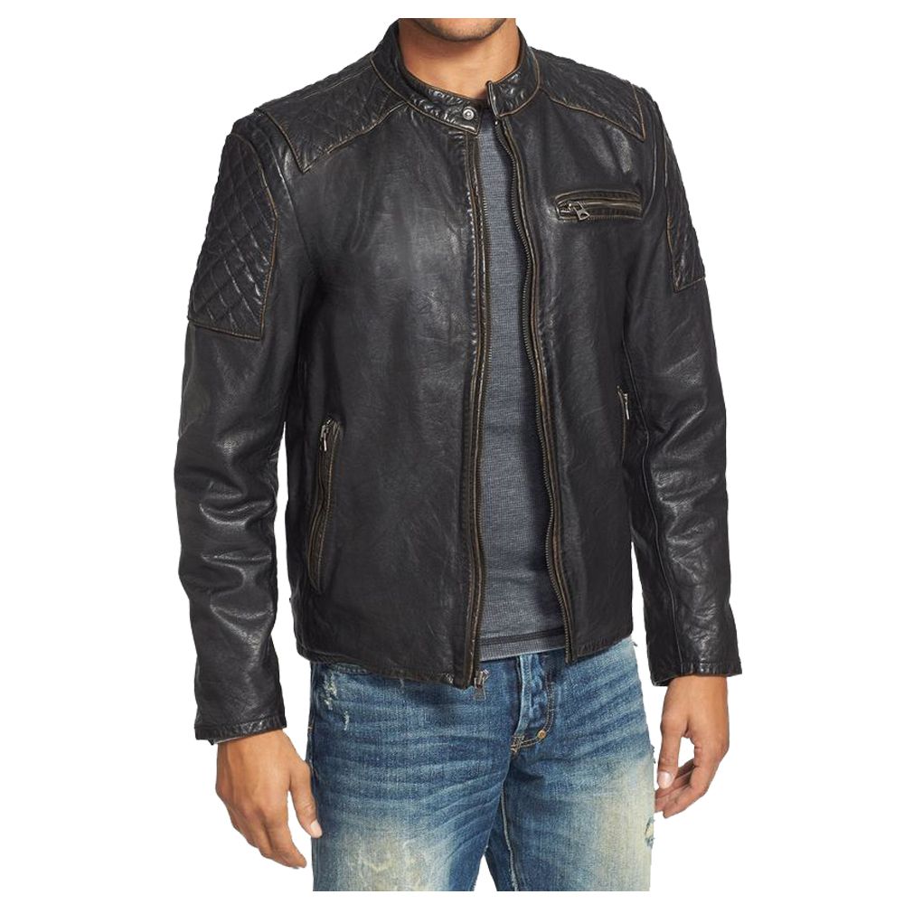 Men's slim fit distressed black leather biker jacket with quilted shoulders and stand collar Men's slim fit distressed black leather biker jacket with quilted shoulders and stand collar