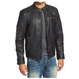 Men's slim fit distressed black leather biker jacket with quilted shoulders and stand collar Men's slim fit distressed black leather biker jacket with quilted shoulders and stand collar