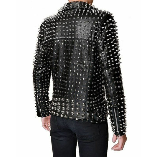 Men's fully studded and spiked black leather punk biker jacket with asymmetrical zip and belt.