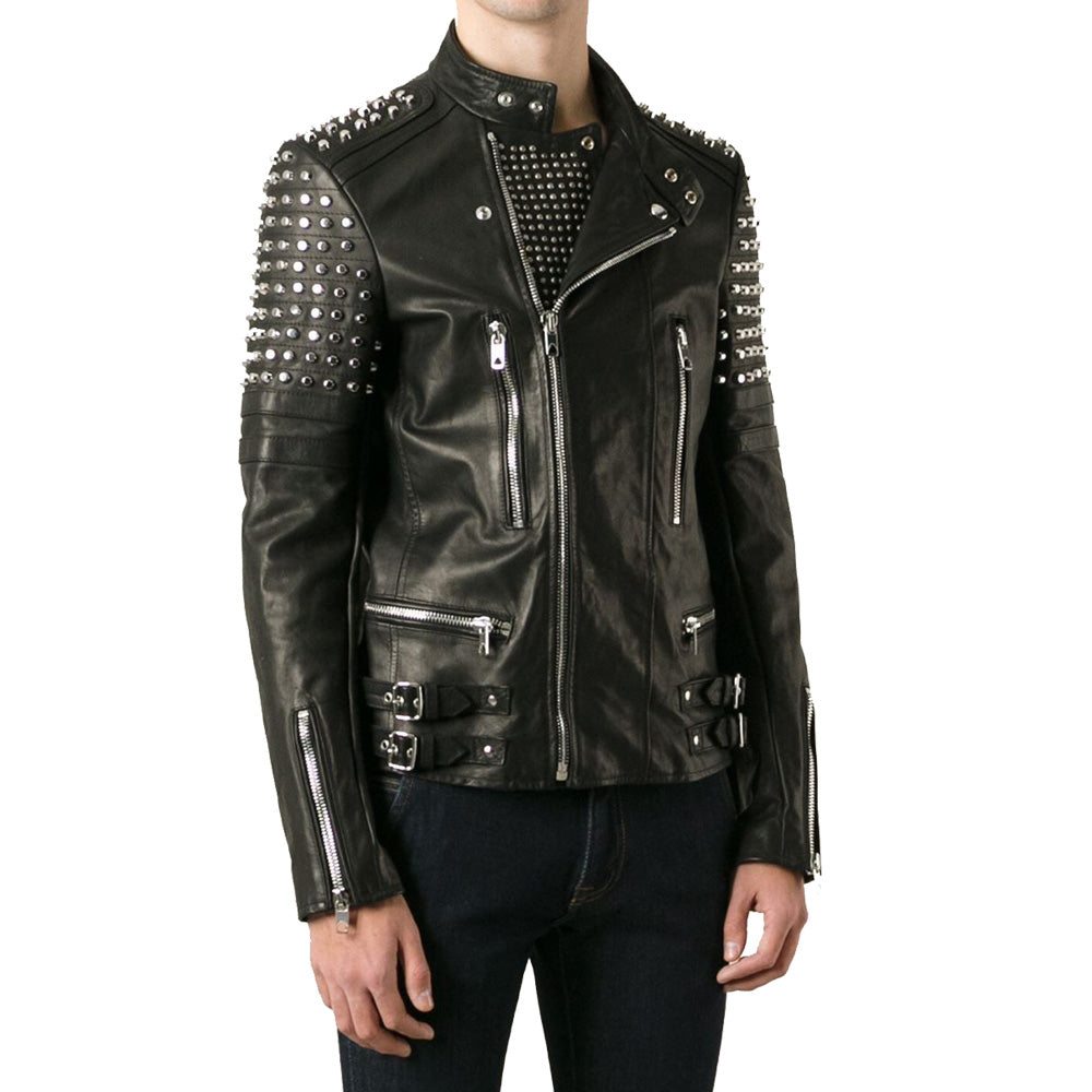 Men's studded black leather biker jacket with quilted shoulders and arms, silver studs, asymmetrical zipper, and notched lapels. Men's studded black leather biker jacket with quilted shoulders and arms, silver studs, asymmetrical zipper, and notched lapels.