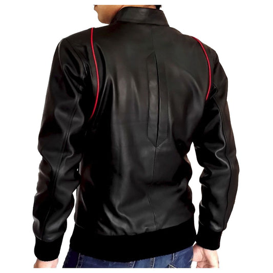 Men's black slim fit leather bomber jacket with red piping, center zip, and tab collar