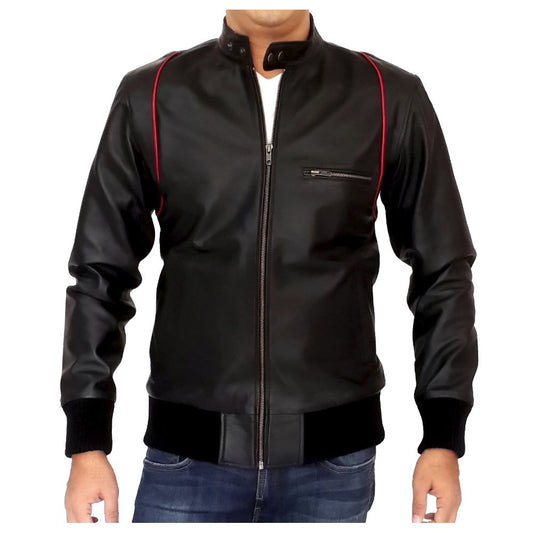 Men's black slim fit leather bomber jacket with red piping, center zip, and tab collar