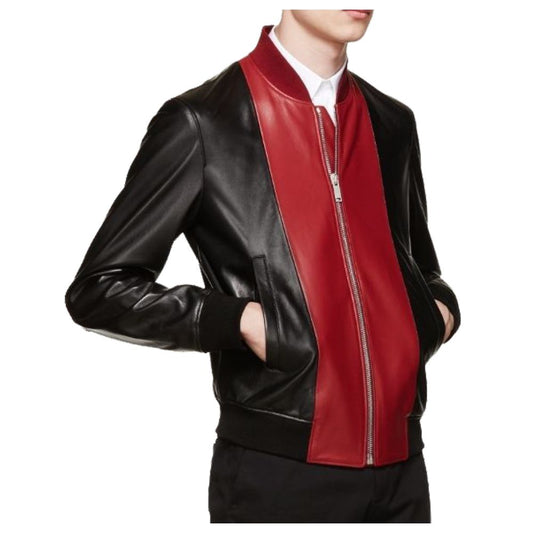 Men’s slim fit leather bomber jacket featuring a bold red center panel, contrasting black sleeves and sides, ribbed trim, and a zip-up front closure.