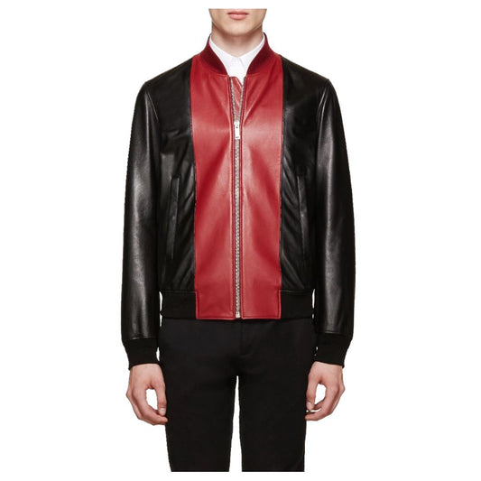 Men’s slim fit leather bomber jacket featuring a bold red center panel, contrasting black sleeves and sides, ribbed trim, and a zip-up front closure.