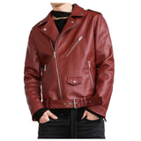 slim-fit red leather biker jacket with an asymmetrical zipper and belted waist. slim-fit red leather biker jacket with an asymmetrical zipper and belted waist.