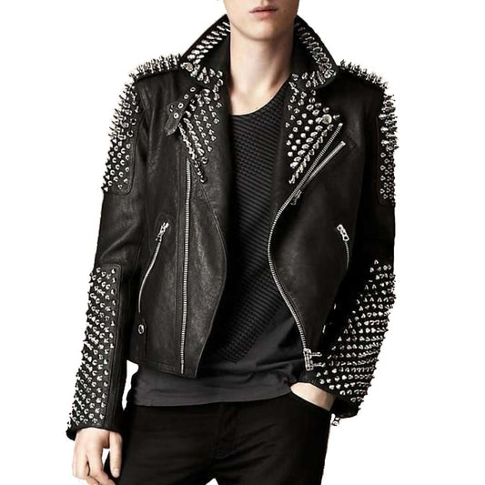 Mens black studded leather punk biker jacket with silver spikes on shoulders and sleeves.