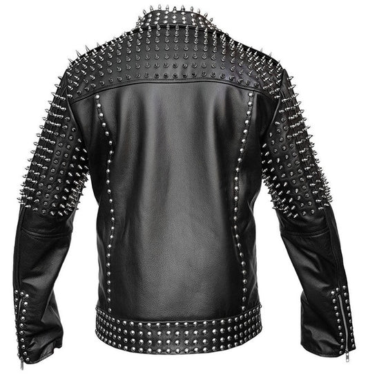 Men's black studded leather biker jacket heavily embellished with silver spikes on the shoulders and studs.