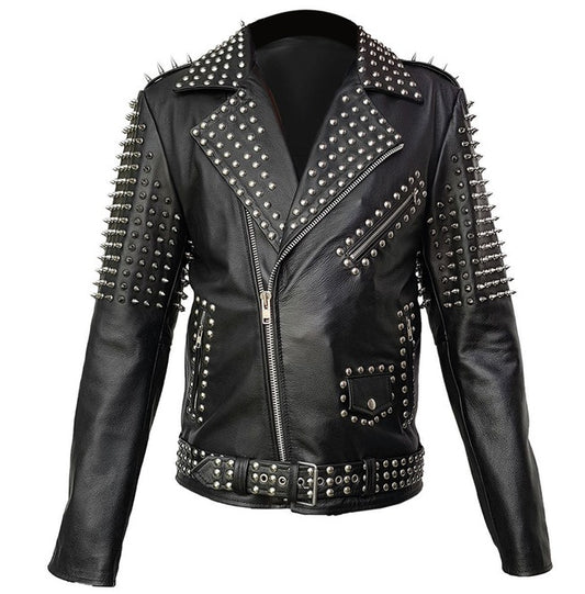 Men's black studded leather biker jacket heavily embellished with silver spikes on the shoulders and studs.