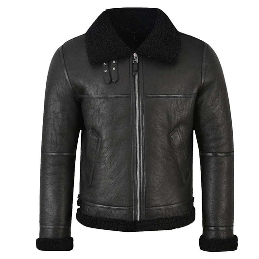 Mens Shearling Aviator Bomber Black Leather Jacket | Jacket Hunt