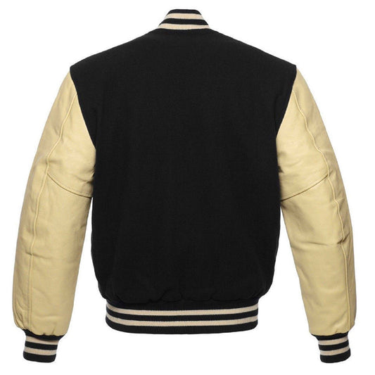 Men's varsity bomber wool jacket in black and white, featuring a classic sporty design with leather sleeves.