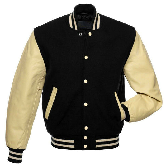 Men's varsity bomber wool jacket in black and white, featuring a classic sporty design with leather sleeves.