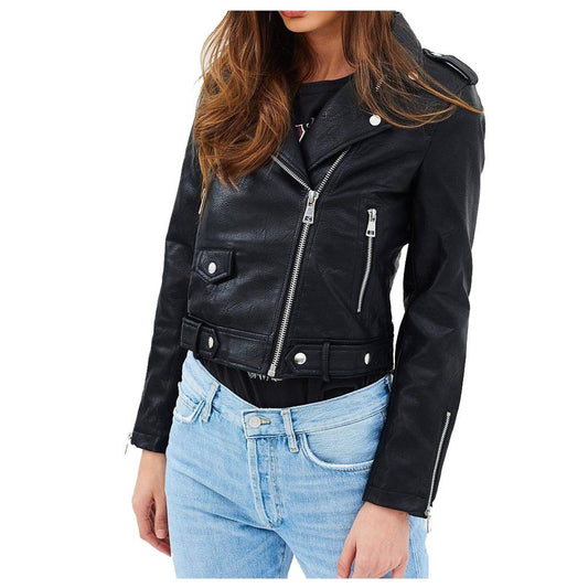 Women Classic Motorcycle Biker Leather Jacket -