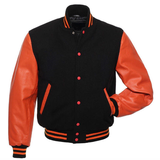 Varsity black and orange leather jacket, featuring a letterman style and perfect for baseball and sports enthusiasts.