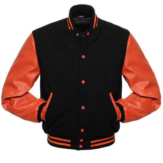 Varsity black and orange leather jacket, featuring a letterman style and perfect for baseball and sports enthusiasts.