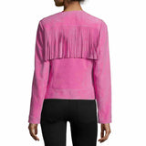 Women Slim Fit Fringe Leather Fashion Jacket Pink Back
