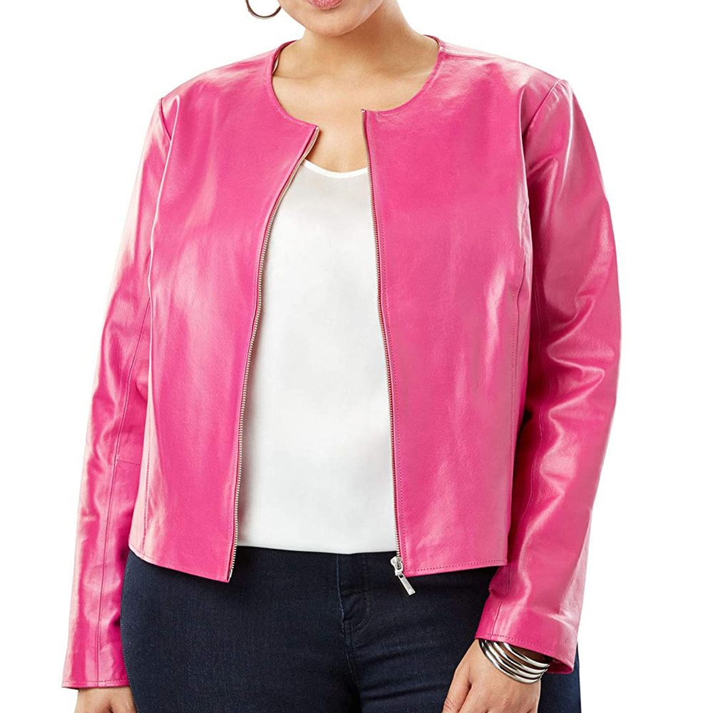 Plus Size Women Pink Leather Jacket Stylish Fashion Jacket