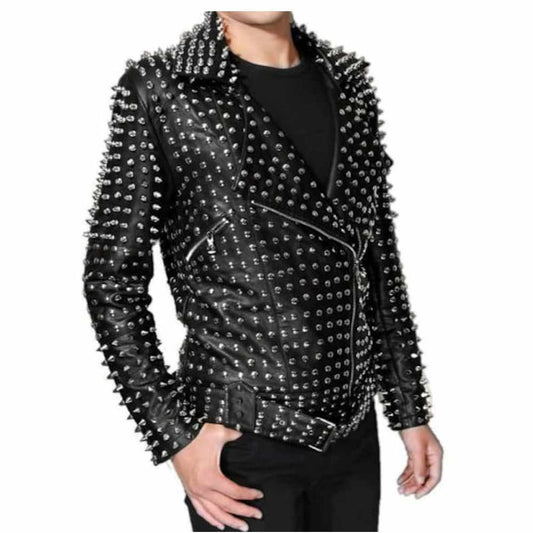 Punk Rock Silver Studded Brando Black Leather Jacket Men's | Jacket Hunt