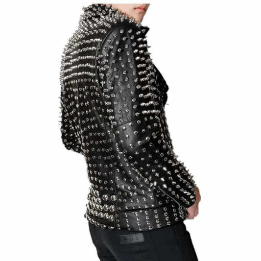 Punk Rock Silver Studded Brando Black Leather Jacket Men's | Jacket Hunt