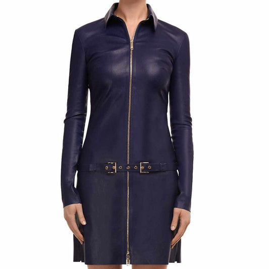 Women Genuine Leather Elegant Party Mini Dress Purple