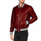 Men Letterman Varsity Bomber Fashion Leather Jacket Red
